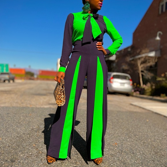 Maya Pant Set/ Kelly Green And Navy - Picture 1 of 7